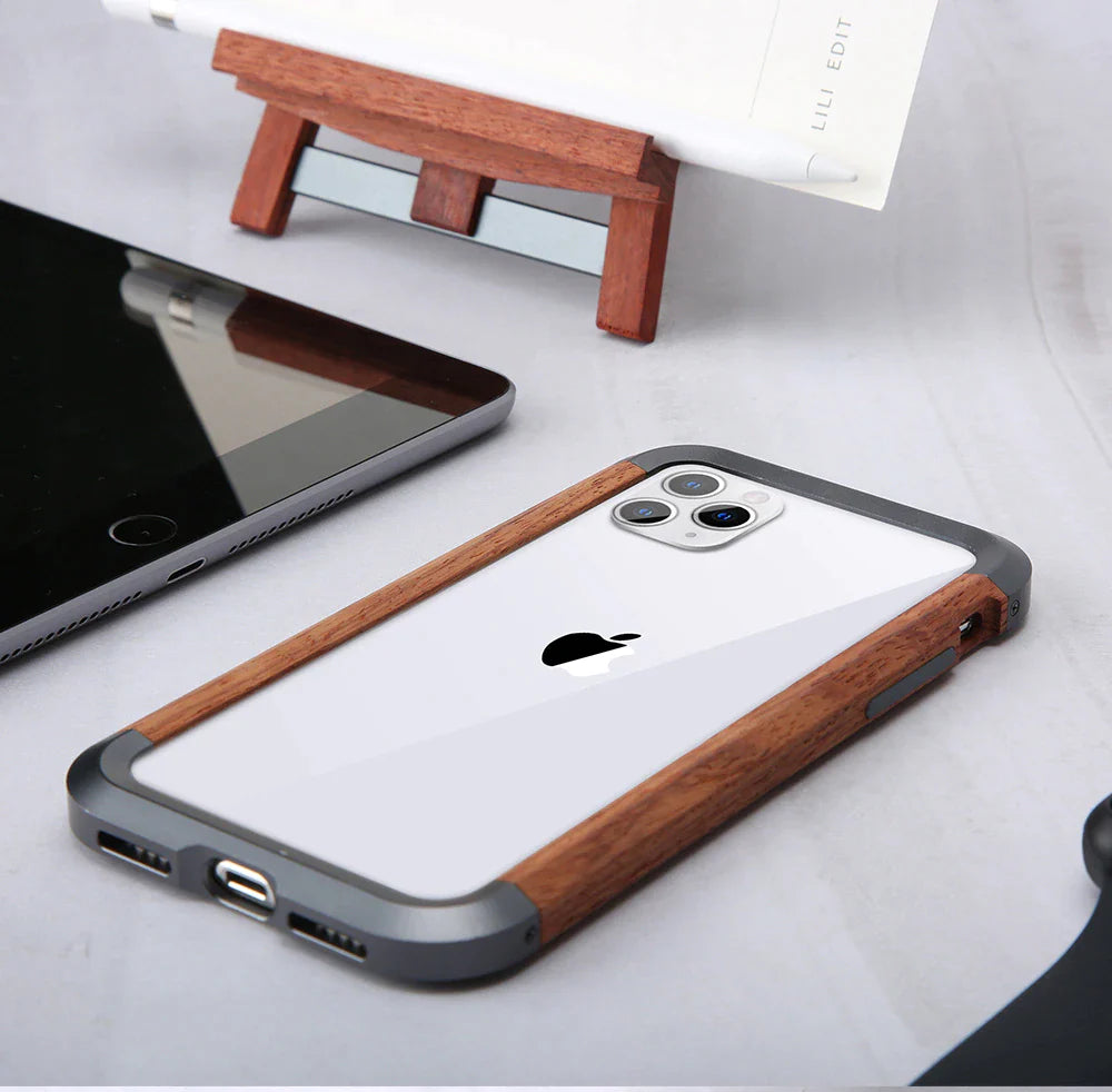 Hand Made Natural Wood & Aluminum Bumper Case |  Anti-Shock Bumper Case for I Phone 14 Pro Max / Phone 13 Pro Max